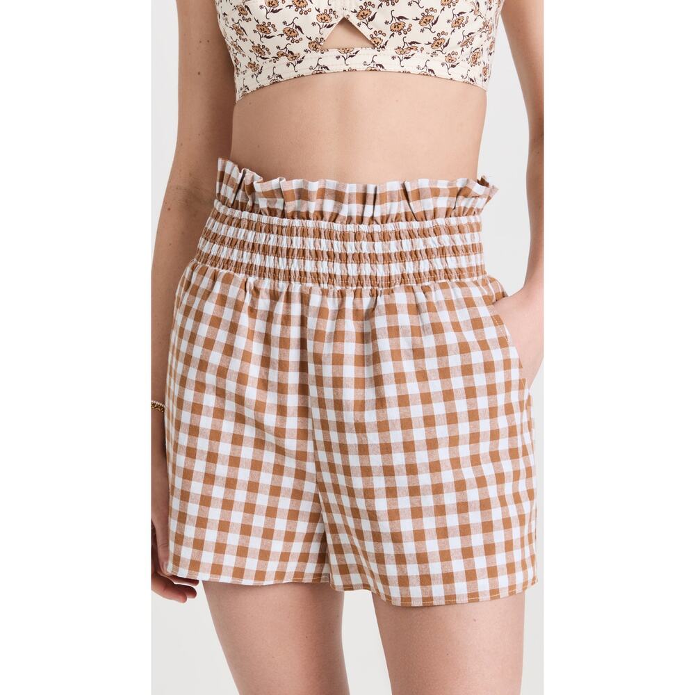 New English Factory High-Waisted Gingham Check Shorts in Brown Women's Size S